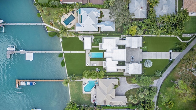 drone / aerial view featuring a water view