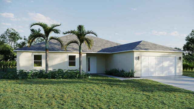 ranch-style home with a front yard and a garage