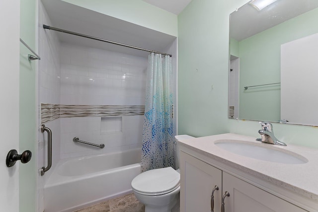 full bathroom with vanity, shower / bath combination with curtain, and toilet