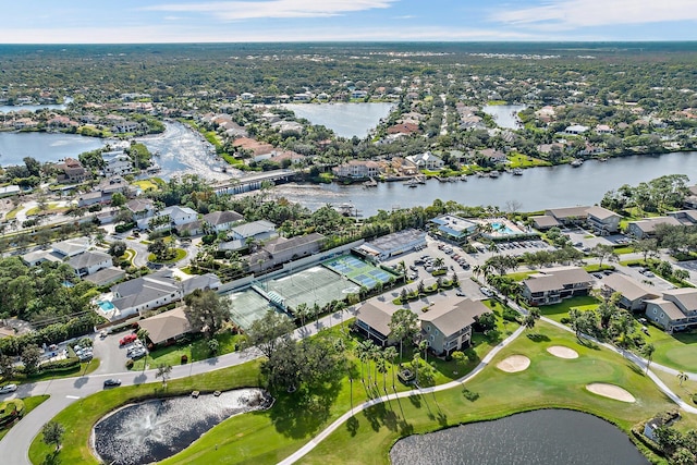 bird's eye view with a water view