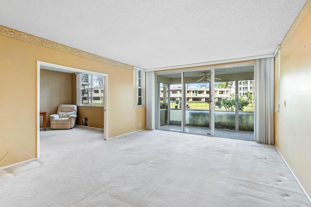 empty room with a textured ceiling, plenty of natural light, a wall of windows, and light carpet