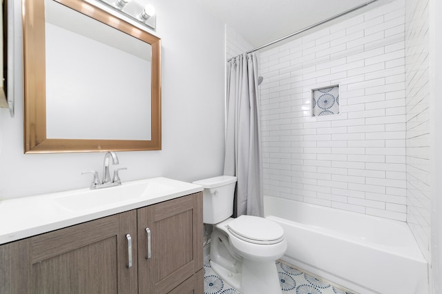 full bathroom featuring vanity, shower / bath combination with curtain, and toilet