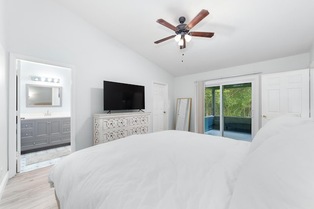 bedroom with connected bathroom, access to exterior, ceiling fan, light hardwood / wood-style flooring, and lofted ceiling