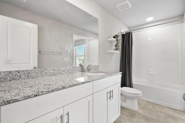 full bathroom with vanity, tile patterned flooring, shower / bathtub combination with curtain, and toilet