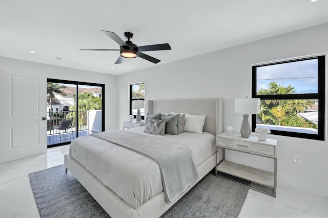 bedroom with ceiling fan and access to outside