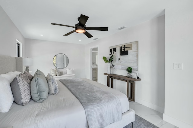 bedroom featuring connected bathroom and ceiling fan