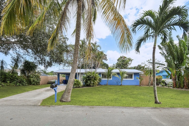 single story home with a carport and a front lawn