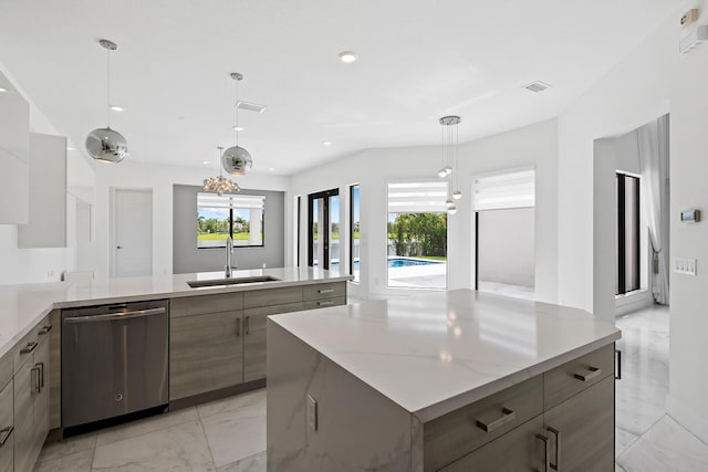 kitchen featuring dishwasher, sink, hanging light fixtures, a kitchen island, and kitchen peninsula