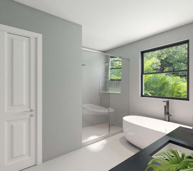 bathroom featuring separate shower and tub and tile patterned floors