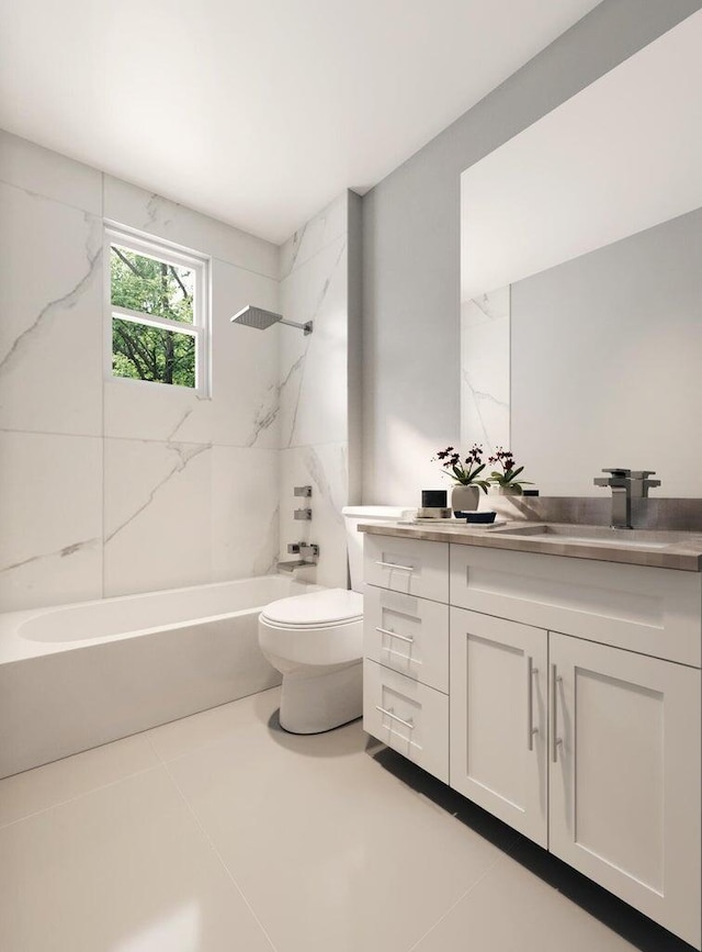 full bathroom featuring tile patterned floors, vanity, toilet, and tiled shower / bath