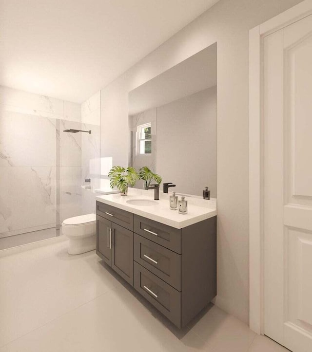 bathroom with tiled shower, vanity, tile patterned floors, and toilet