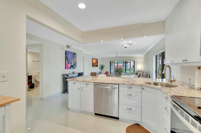 kitchen featuring white cabinetry, light stone countertops, sink, and stainless steel dishwasher