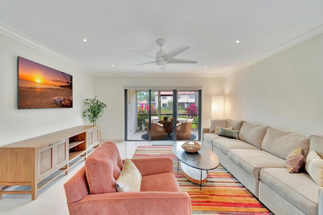 living room featuring ceiling fan and ornamental molding