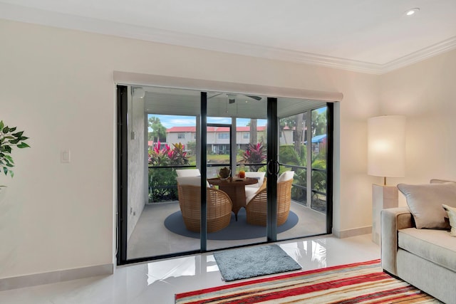 doorway to outside featuring ornamental molding and a healthy amount of sunlight