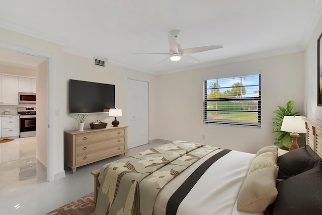 bedroom with ceiling fan and ornamental molding