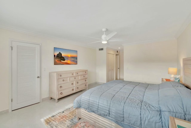 bedroom with ceiling fan and ornamental molding