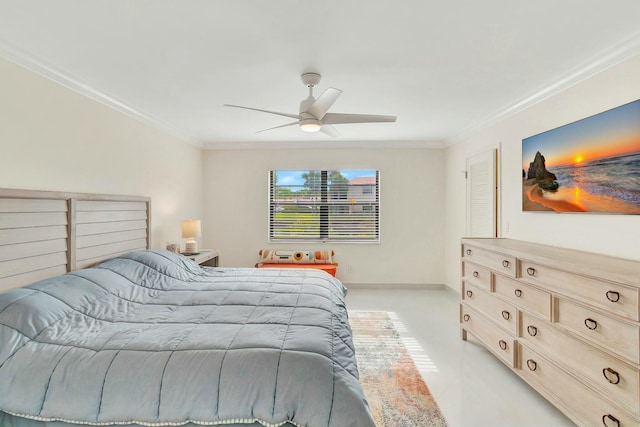 bedroom with crown molding and ceiling fan