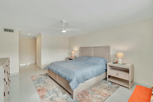 bedroom with ceiling fan and crown molding