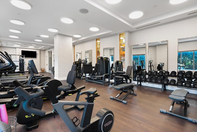 exercise room with a raised ceiling and hardwood / wood-style floors