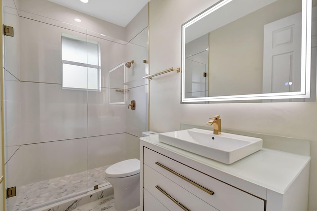 bathroom with vanity, toilet, and walk in shower