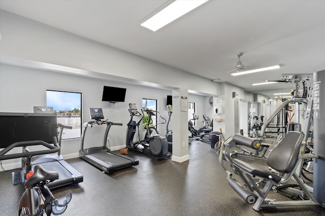 exercise room with ceiling fan and plenty of natural light