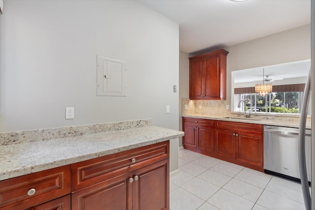 kitchen featuring light stone counters, sink, light tile patterned floors, dishwasher, and electric panel