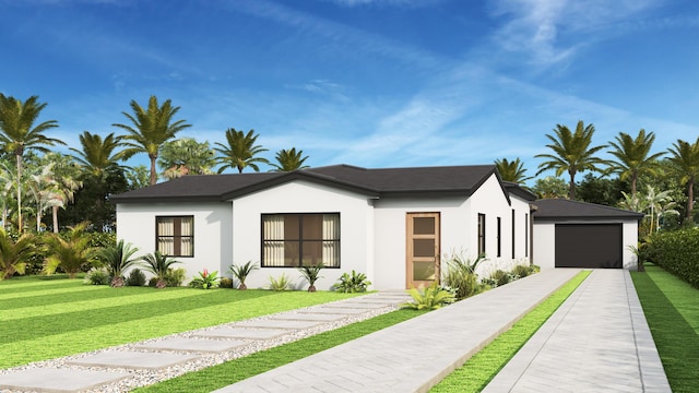 view of front of home featuring a front yard and a garage