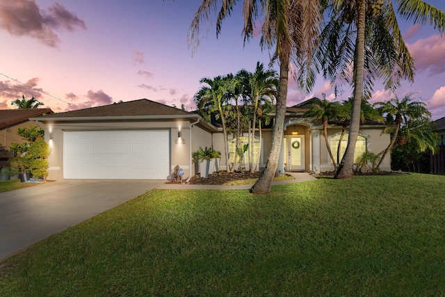 view of front of house featuring a yard and a garage