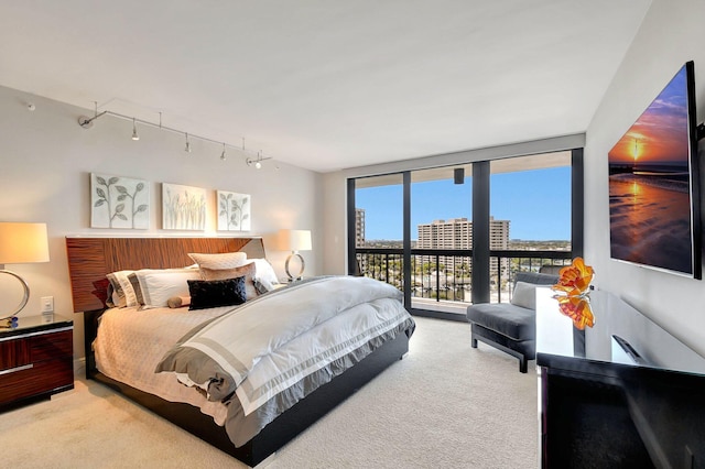 bedroom featuring carpet floors, access to exterior, and a wall of windows