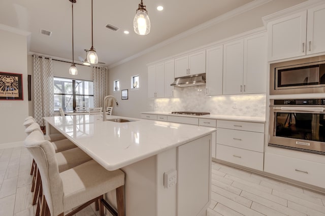 kitchen with sink, white cabinetry, a kitchen island with sink, and appliances with stainless steel finishes