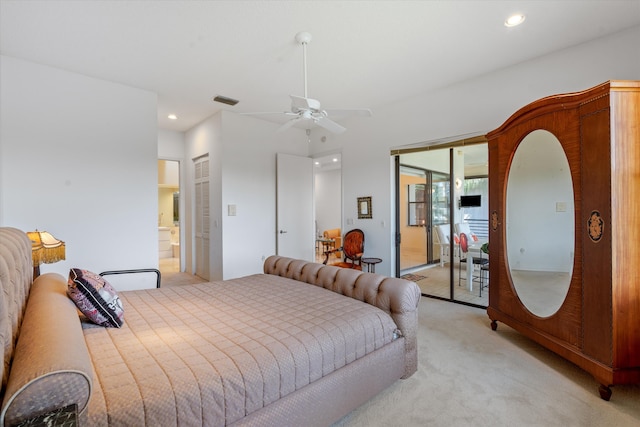 carpeted bedroom featuring access to outside and ceiling fan