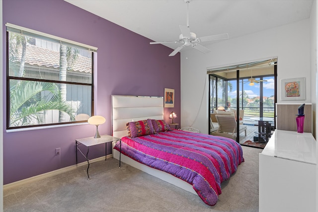 bedroom with ceiling fan, carpet floors, access to outside, and multiple windows