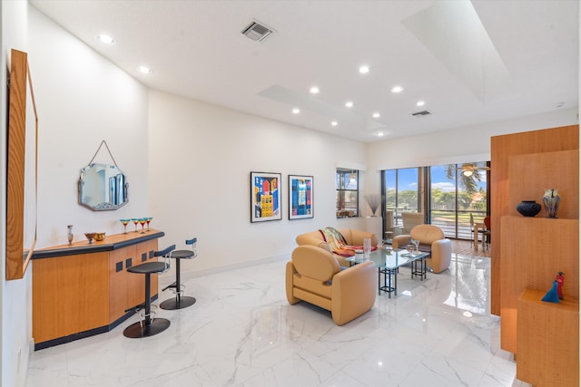 living room with indoor bar