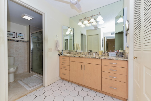 bathroom featuring vanity, toilet, and a shower with shower door