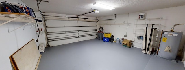 garage with a garage door opener and water heater