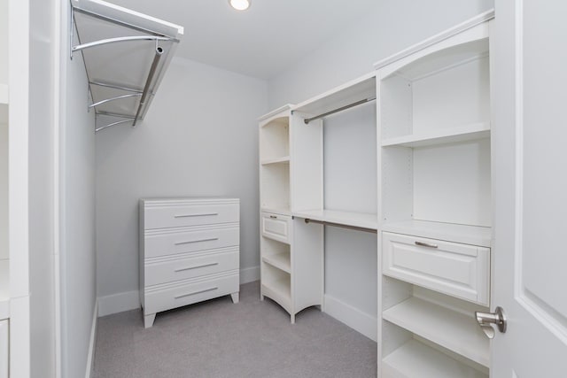 walk in closet featuring light colored carpet