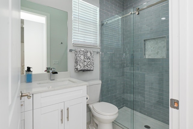 bathroom with vanity, a shower with door, and toilet