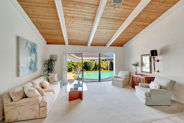 carpeted living room with beam ceiling, high vaulted ceiling, and wood ceiling