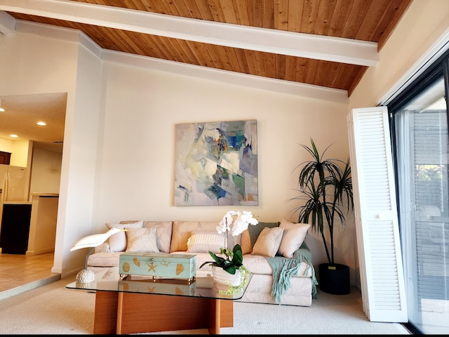 carpeted living room featuring vaulted ceiling with beams and wood ceiling