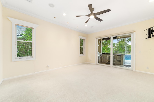 unfurnished room featuring carpet, ceiling fan, and ornamental molding