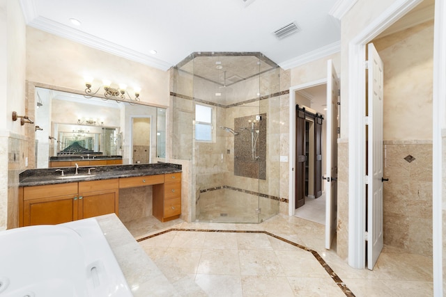 bathroom featuring vanity, ornamental molding, tile walls, and independent shower and bath