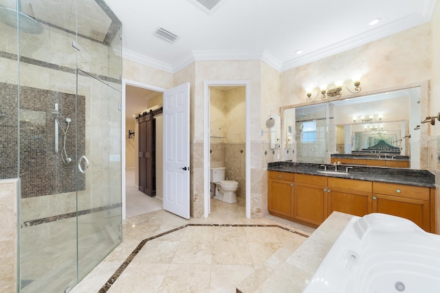 full bathroom with vanity, toilet, independent shower and bath, and crown molding