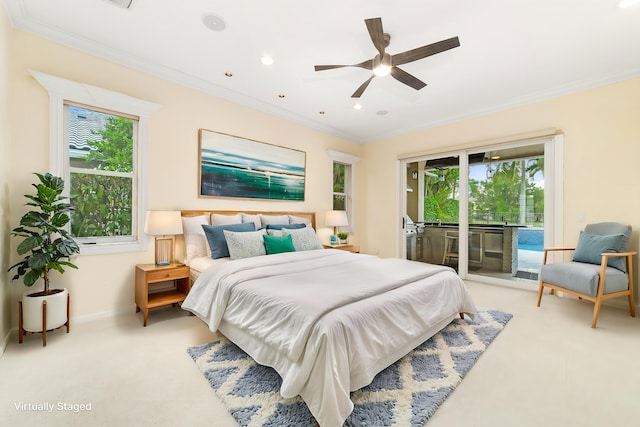 bedroom featuring access to exterior, ceiling fan, crown molding, and carpet floors