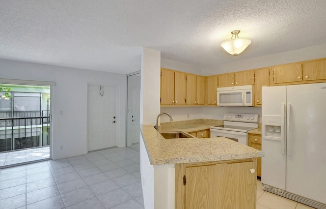 kitchen with white appliances, sink, a textured ceiling, light brown cabinetry, and light tile patterned flooring