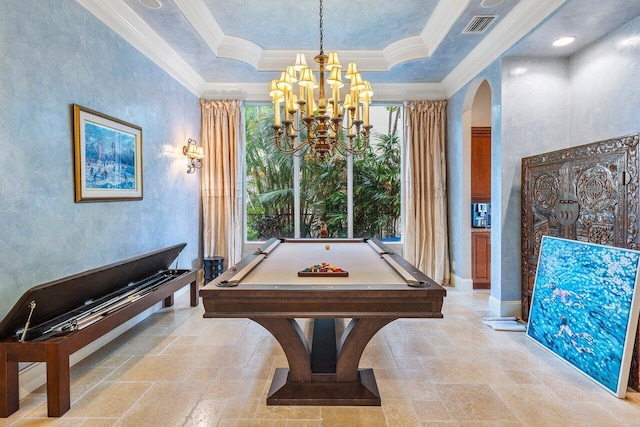791 NE Marine Dr, Boca Raton, FL 33431 - rec room featuring stone tile flooring, arched walkways, a chandelier, crown molding, and billiards table