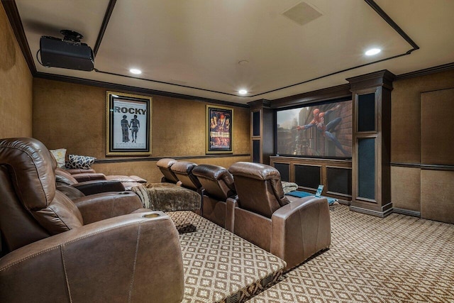 cinema room featuring light colored carpet and ornamental molding