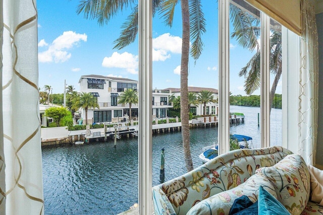 interior space featuring a water view