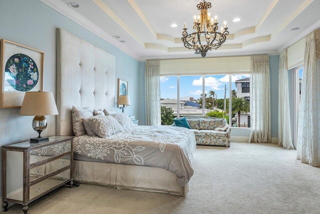 791 NE Marine Dr, Boca Raton, FL 33431 - bedroom with carpet floors, a chandelier, a tray ceiling, and recessed lighting