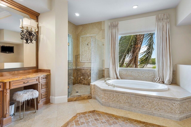 791 NE Marine Dr, Boca Raton, FL 33431 - bathroom with a bath, a stall shower, vanity, tile patterned floors, and recessed lighting