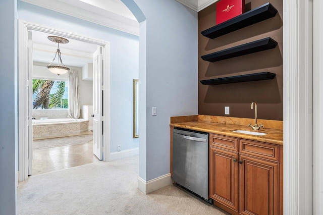 791 NE Marine Dr, Boca Raton, FL 33431 - indoor wet bar with dishwasher, arched walkways, light colored carpet, baseboards, and pendant lighting